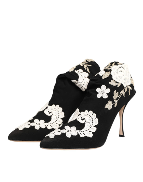 Dolce & Gabbana Black White Embroidered Jersey Stiletto Boots Shoes