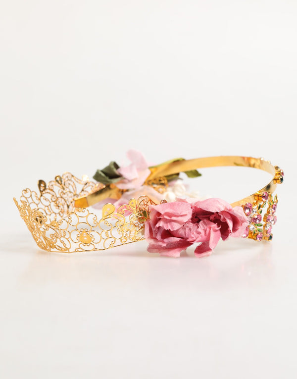 Dolce & Gabbana Gold Floral Tiara Pink Roses Crystal Crown Headband