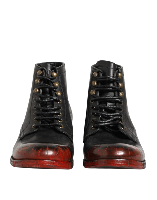 Dolce & Gabbana Black Red Lace Up Short Ankle Boot Shoes