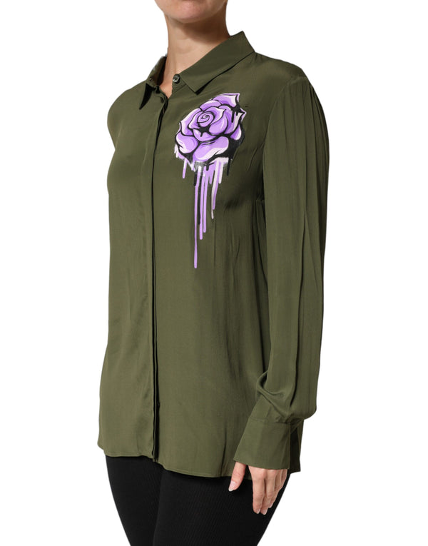 Boutique Moschino Top Green Acetate Collared Long Sleeves Floral Top