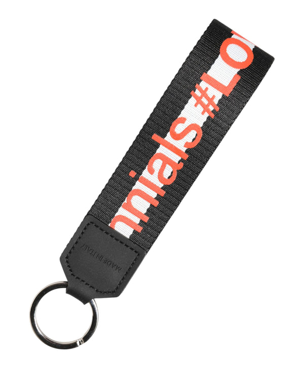 Dolce & Gabbana Black Logo Polyester Silver Brass Holder Keychain Keyring