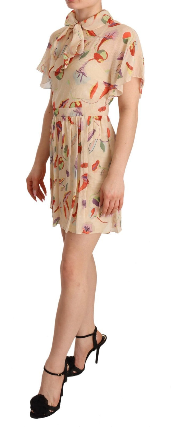 Red Valentino Beige Ascot Collar Short Sleeves Aline Mini Dress