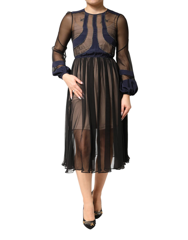 N.21 Blue Long Sleeves Sheer Silk Sheath A-line Midi Dress