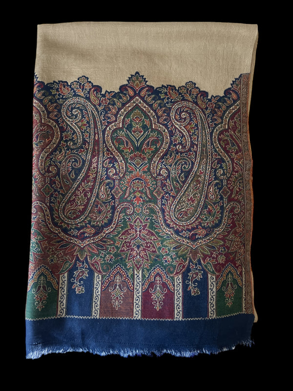 Blue Embroidered with Self Printed Border Wool - Scarf