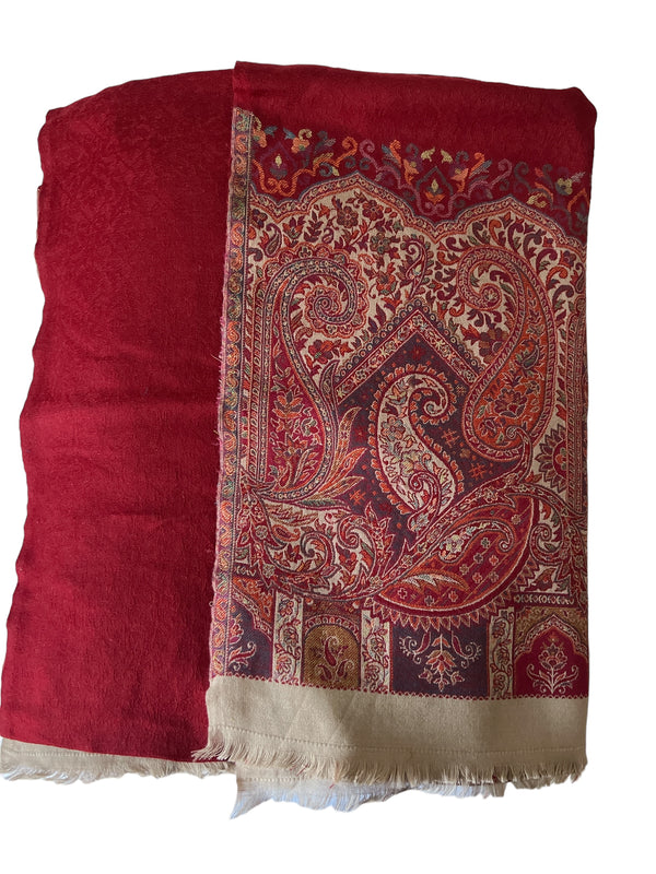Red Embroidered Self Print Border Wool - Scarf