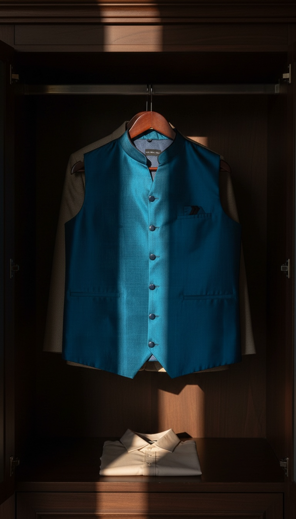 THE GRAY CRAB Imperial Blue Hue Mandarin Collar Silk Vest