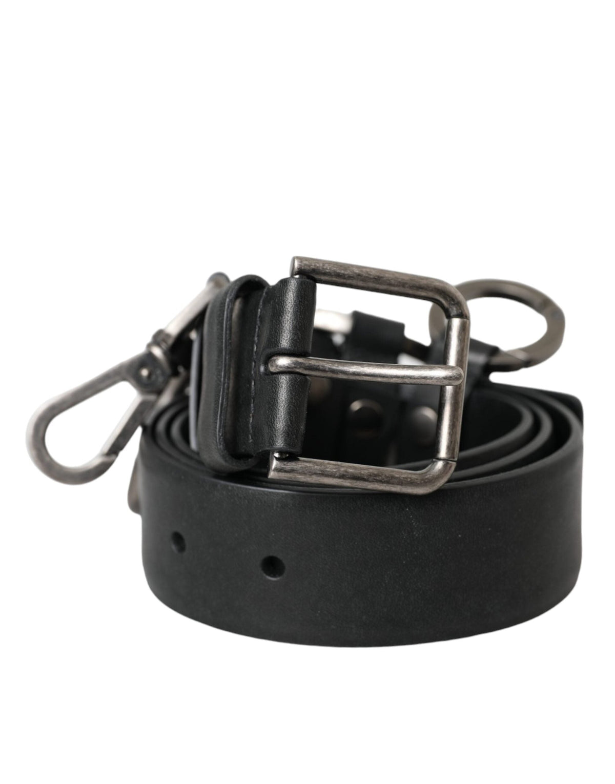 Black calf leather belt with silver buckle used by THE NOTICE to examine edge finish, proportion and hardware.