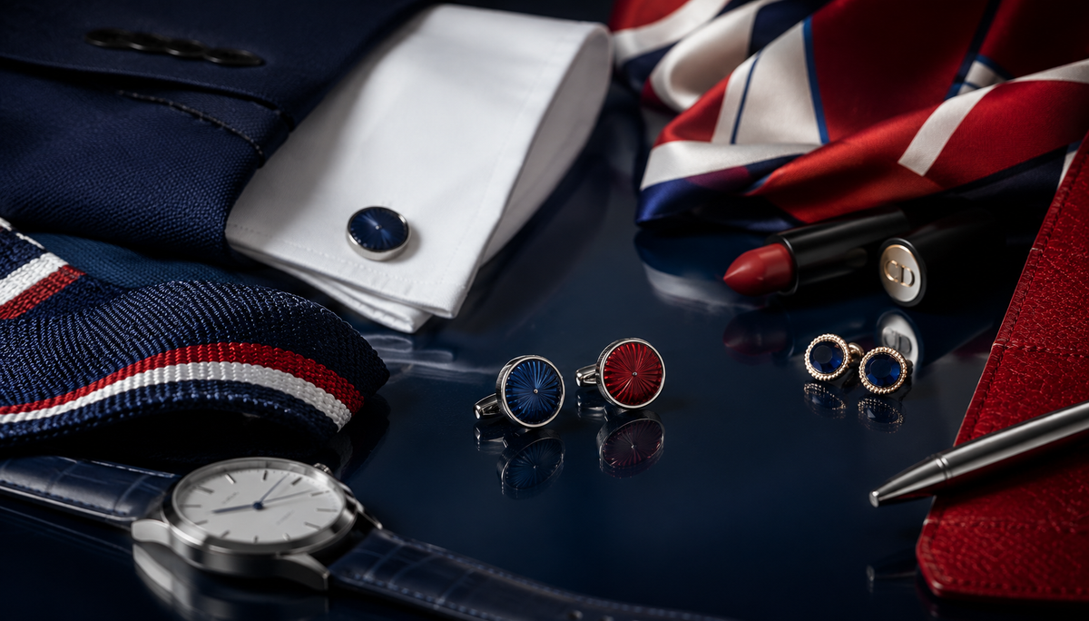 Red white and blue designer dressing edited through midnight ivory and garnet tones for THE NOTICE by THE GRAY CRAB