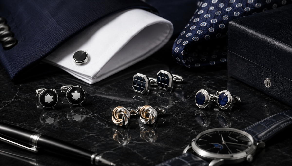 Cufflink formal menswear detail in silver black midnight oxblood and restrained gold for THE NOTICE by THE GRAY CRAB