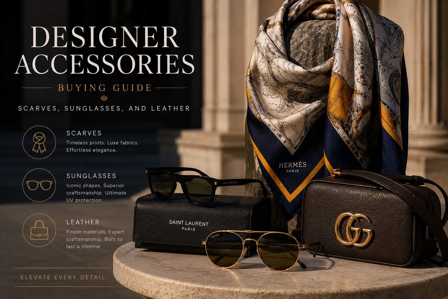 Designer belts, scarves and eyewear arranged as finishing accessories for THE NOTICE by THE GRAY CRAB
