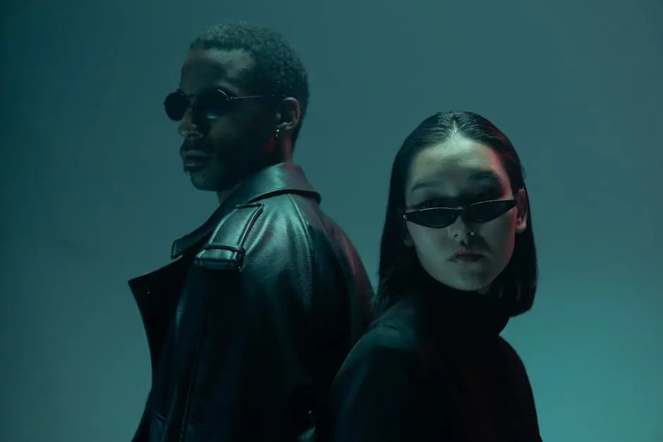 Sunglasses styled with black attire in a restrained editorial portrait for THE NOTICE by THE GRAY CRAB