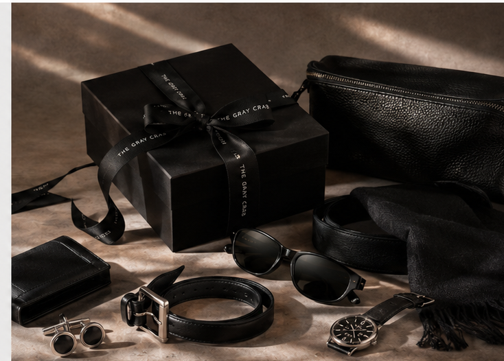 THE GRAY CRAB gifting still life in black, graphite and cool neutral tones for THE NOTICE.