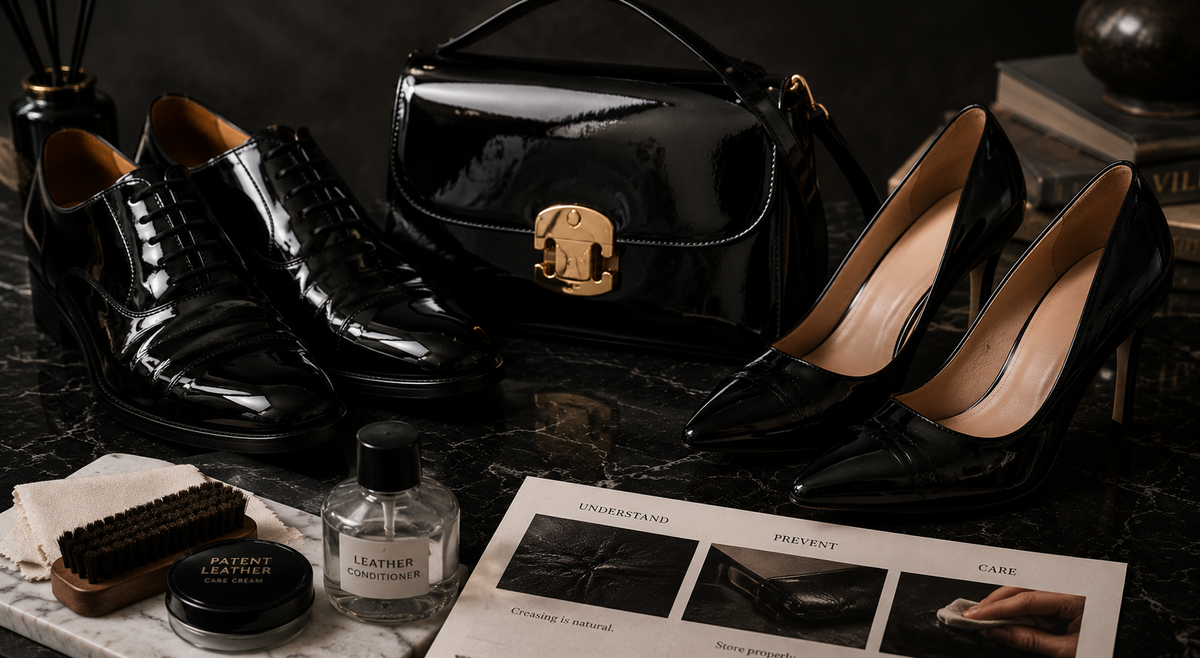 Patent leather material care in controlled black gloss graphite reflection and restrained formal tones for THE NOTICE by THE GRAY CRAB