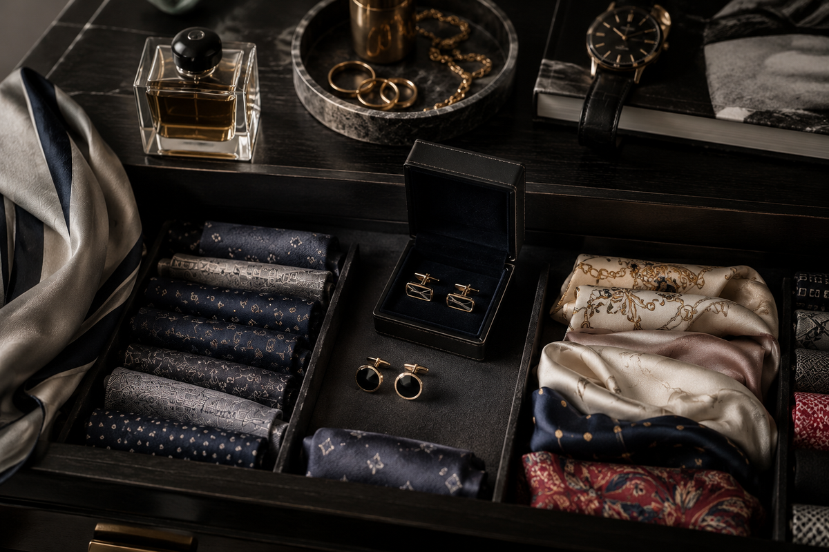 Silk scarf drawer in neutral folds with controlled color accents for THE NOTICE by THE GRAY CRAB
