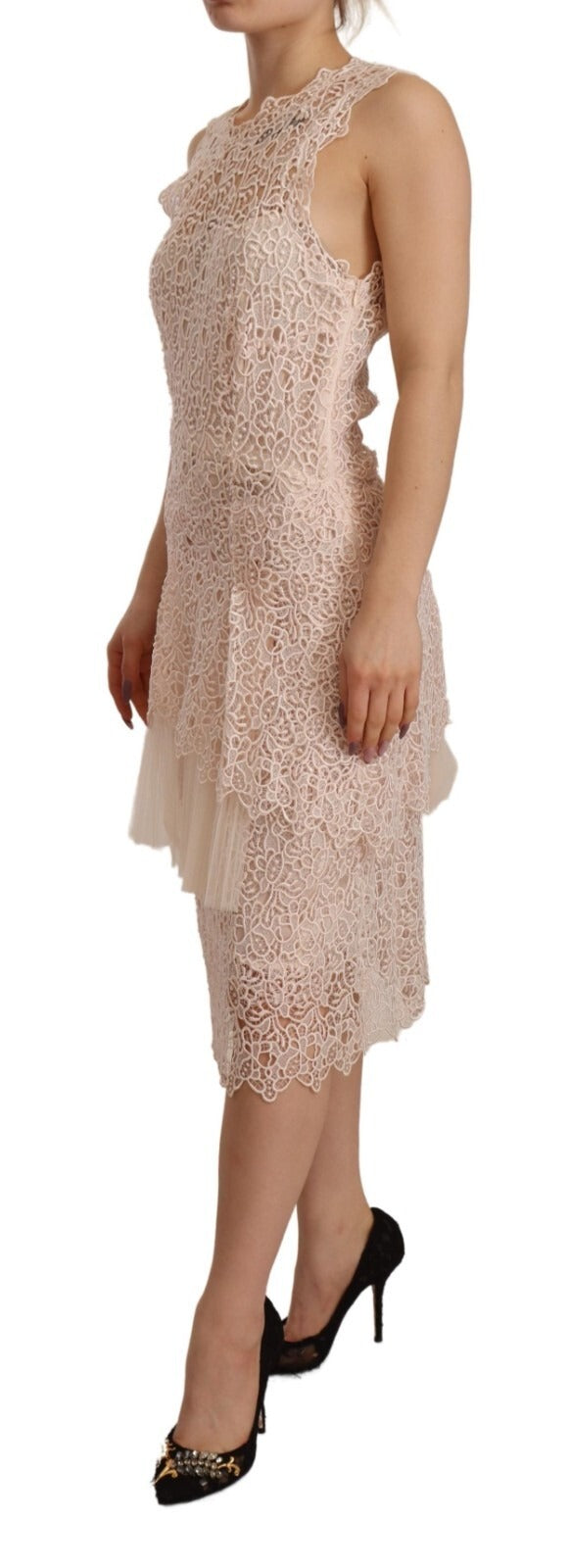 Ermanno Scervino Sheath Tiered Beige Viscose Sleeveless Midi Dress