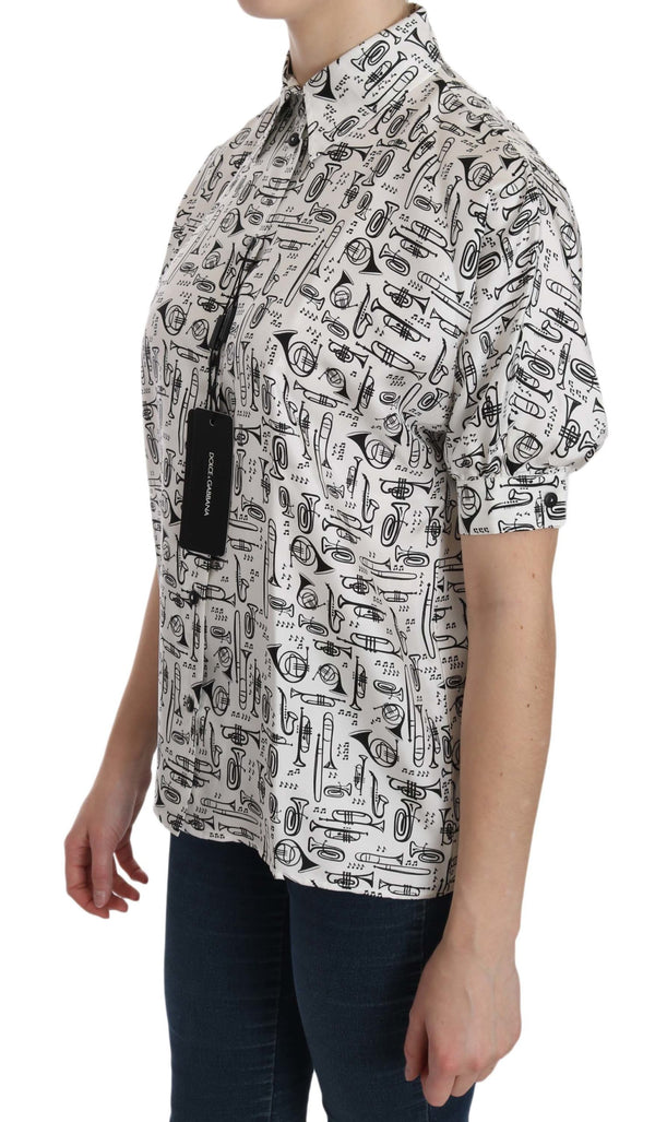Dolce & Gabbana White Musical Instrument Collared Blouse  Shirt