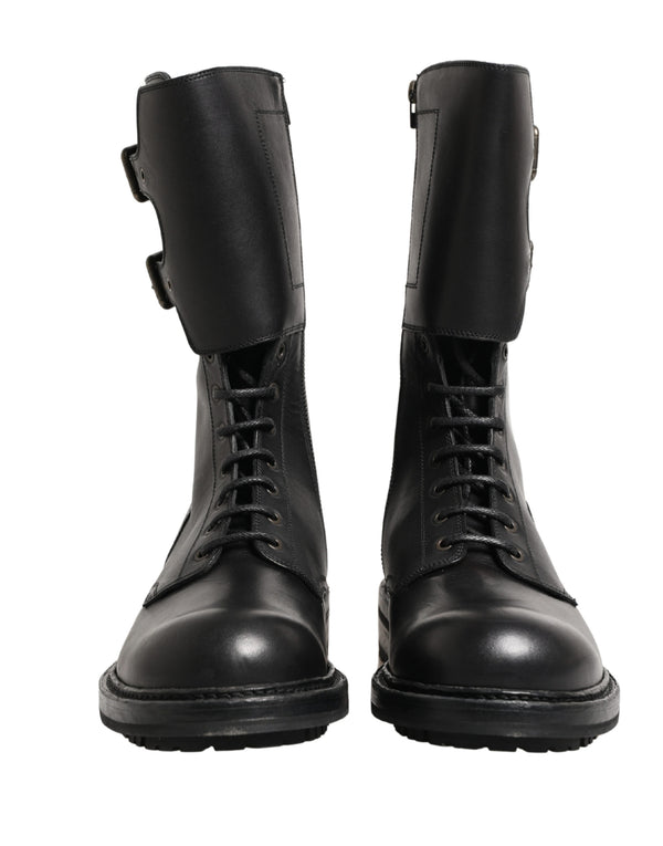 Dolce & Gabbana Black Leather Belted Buckle Combat Boots Shoes