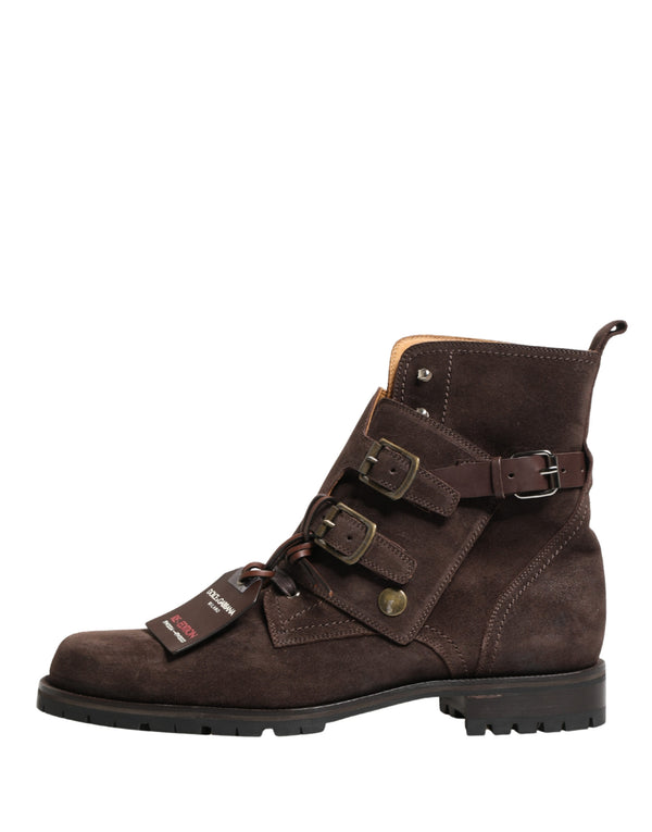 Dolce & Gabbana Brown Suede Leather Buckle Ankle Boots Shoes