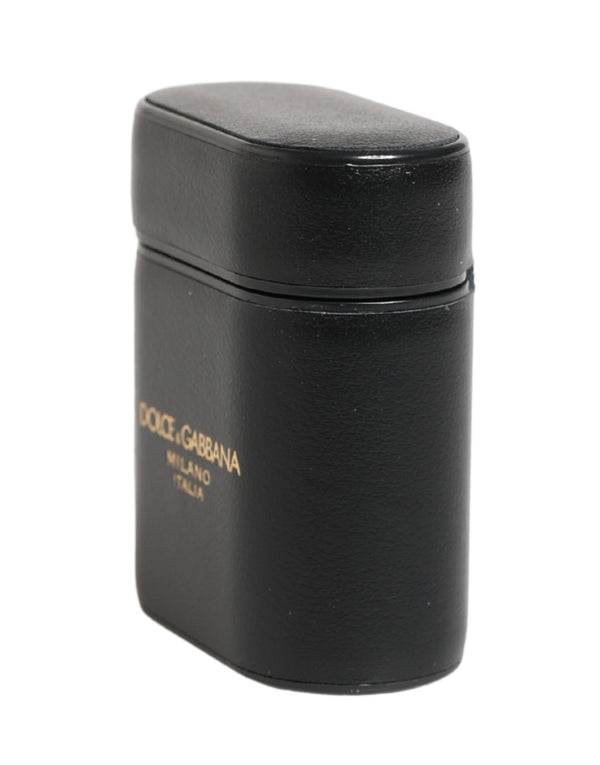 Dolce & Gabbana Black Calf Leather Logo Print Flip Holder Airpods Case