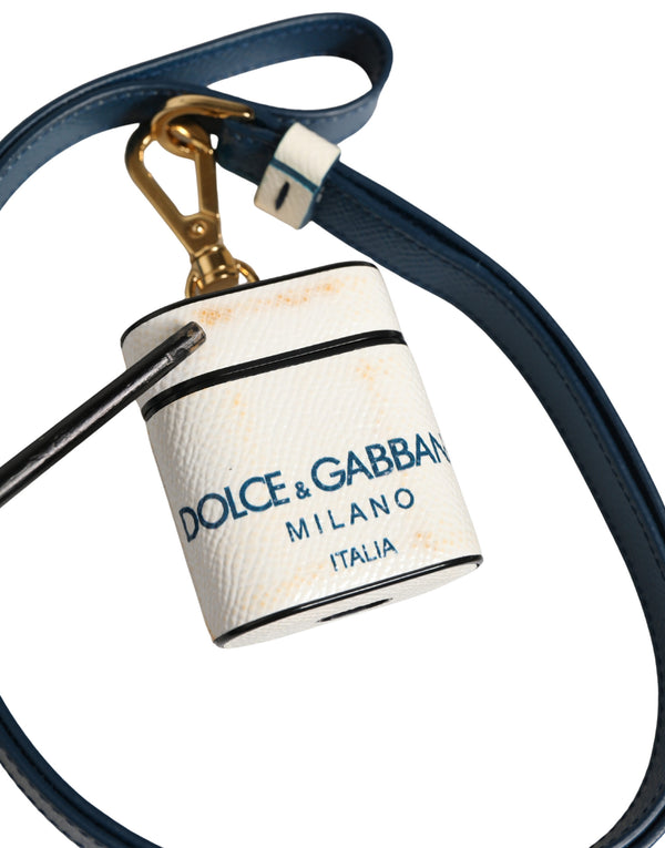 Dolce & Gabbana White Calf Leather Logo Flip Holder Strap Airpods Case