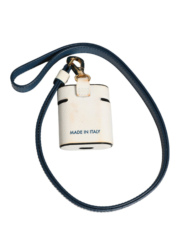 Dolce & Gabbana White Calf Leather Logo Flip Holder Strap Airpods Case