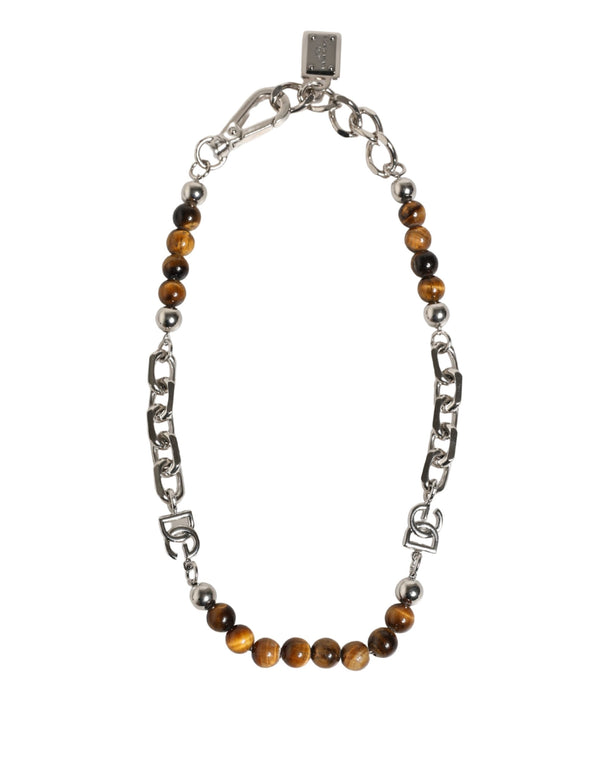 Dolce & Gabbana Silver Tone Brass Chain Beaded Gem DG Logo Bracelet