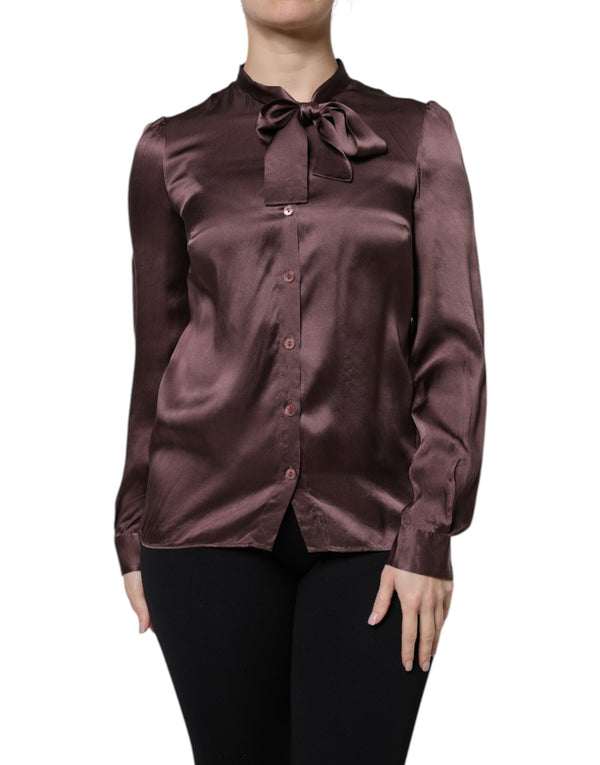 Dolce & Gabbana Violet Satin Long Sleeve Ascot Tie Shirt  Top