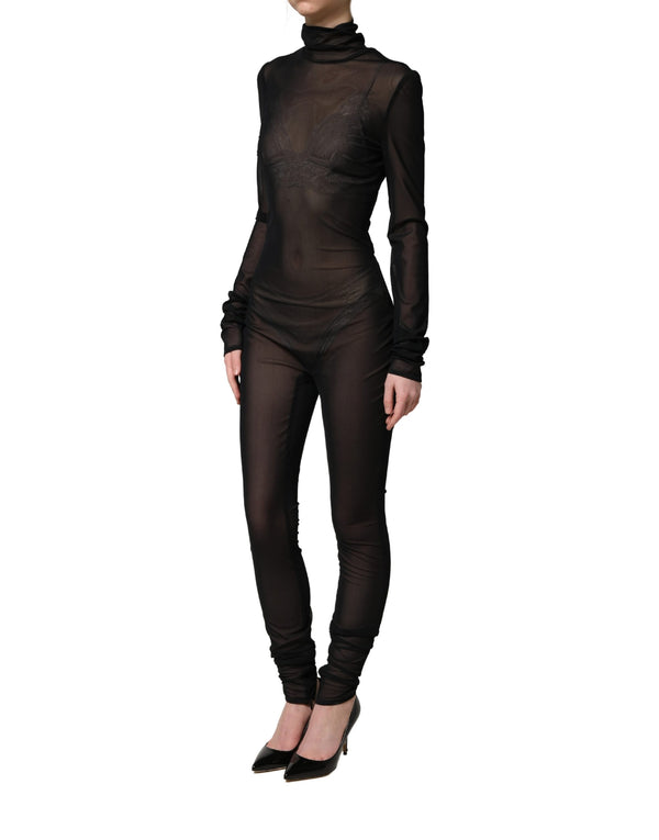 Dolce & Gabbana Black Nylon Sheer Turtleneck Jumpsuit Dress
