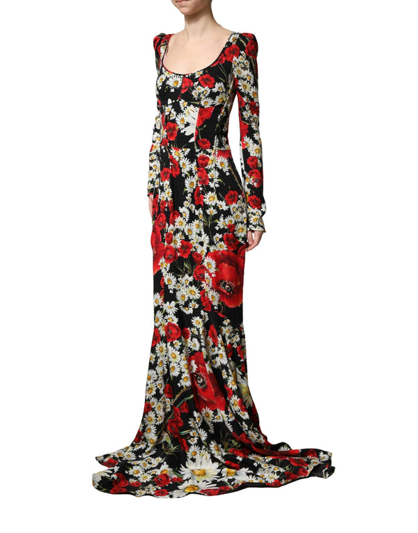 Dolce & Gabbana Black Floral Silk Long Sleeves Gown Dress