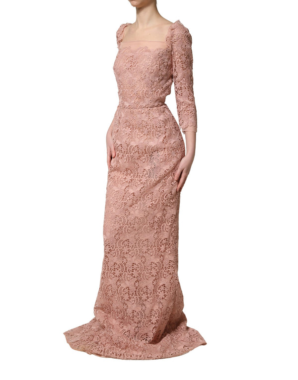 Dolce & Gabbana Pink Lace Long-Sleeved Evening Gown Dress