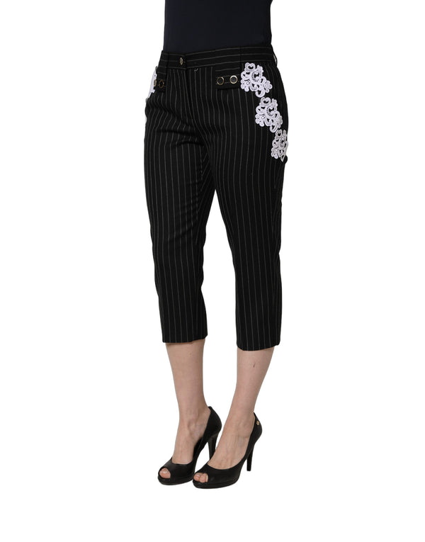 Dolce & Gabbana Black Lace Applique Pinstripe Cropped Pants
