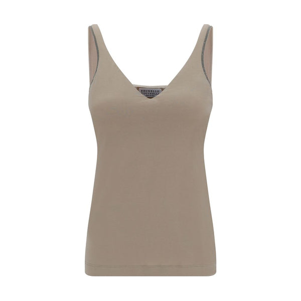 Brunello Cucinelli Beige Cotton Sleeveles T-Shirt