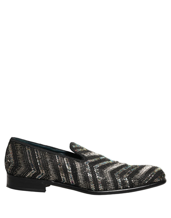 Dolce & Gabbana Black Silver Embellished Slip On Loafers Shoes