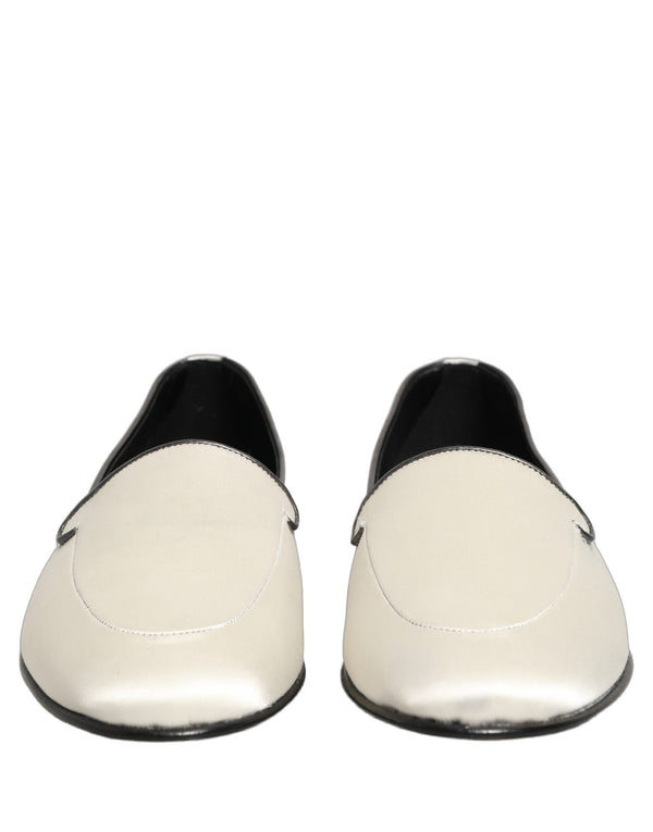 Dolce & Gabbana White Satin Logo Slip On Flats Loafers Shoes