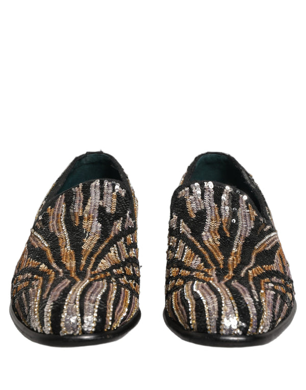 Dolce & Gabbana Gold Striped Sequin Embellished Loafer Shoes