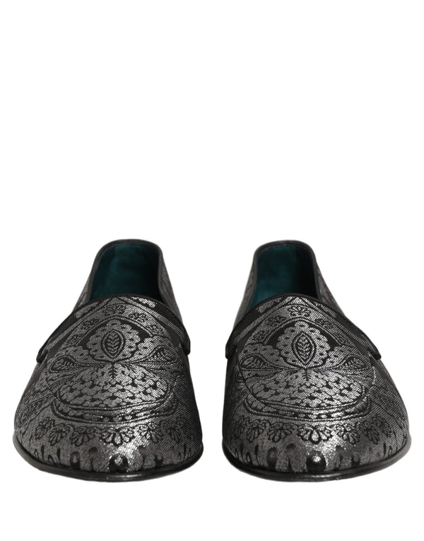 Dolce & Gabbana Silver Jacquard Leather Slip On Loafers Shoes