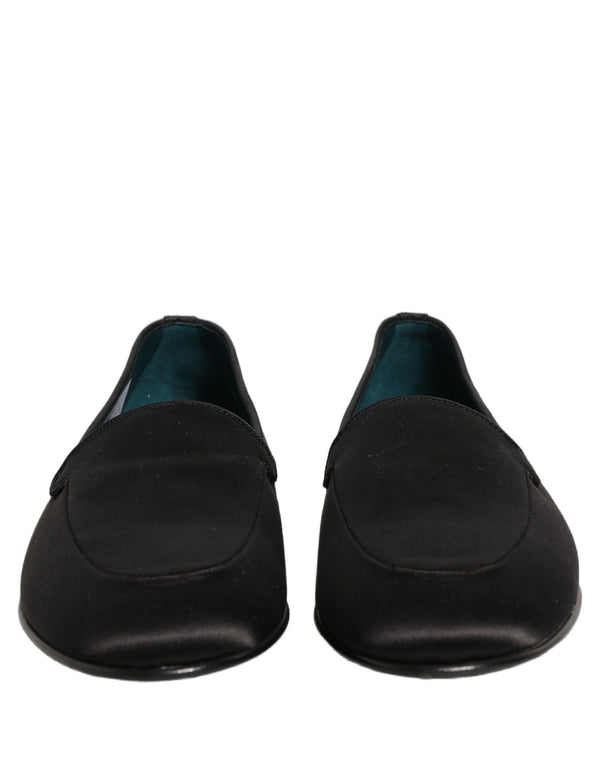 Dolce & Gabbana Black Satin Logo Slip On Flats Loafers Shoes