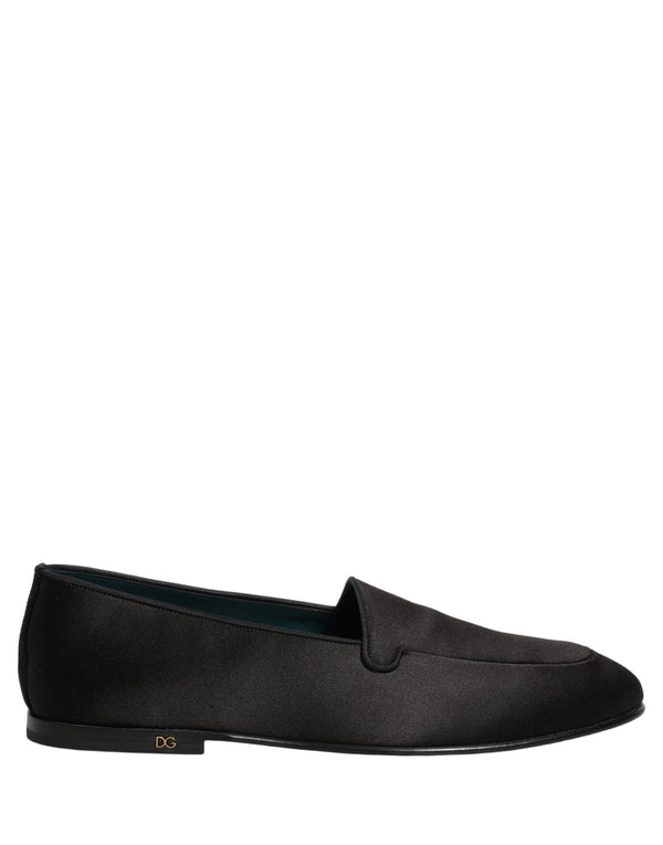 Dolce & Gabbana Black Satin Logo Slip On Flats Loafers Shoes