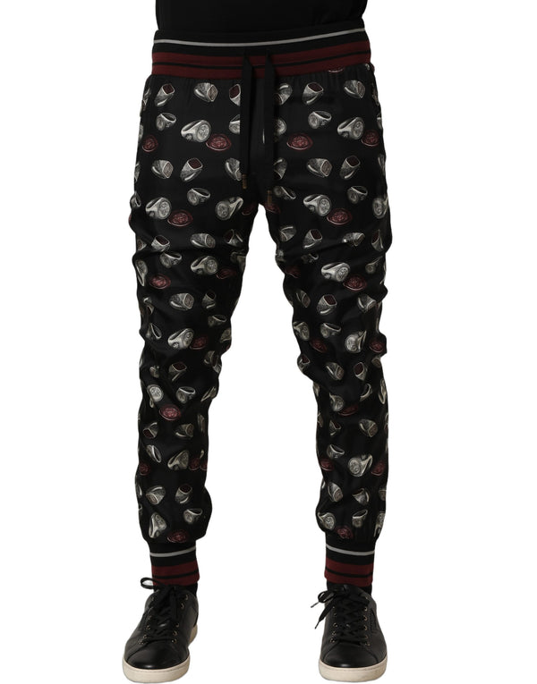 Dolce & Gabbana Pants Black Ring Print Silk Jogging Trousers