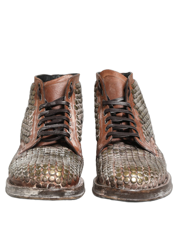 Dolce & Gabbana Brown Leather Runway Studs Ankle Boots Shoes