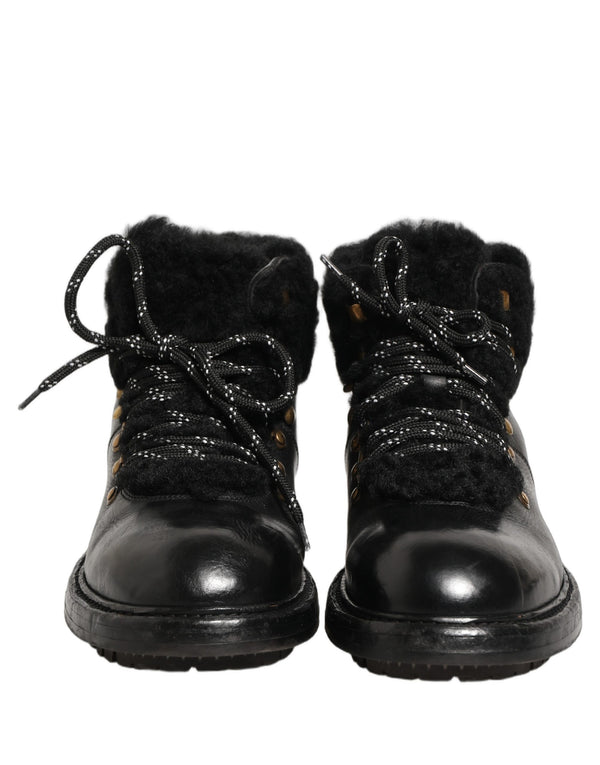 Dolce & Gabbana Black Trekking Fur Lace Leather Boots Shoes