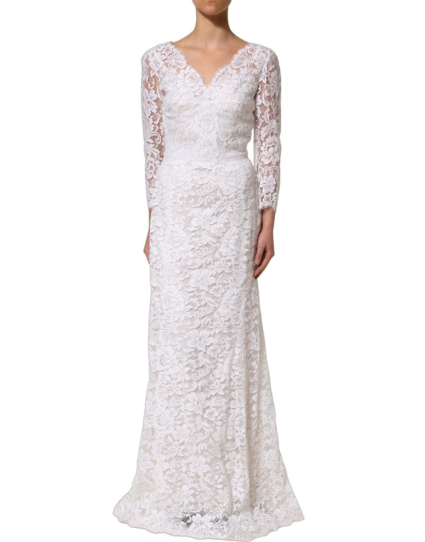 Dolce & Gabbana White Cotton Floral Lace Long Gown Dress