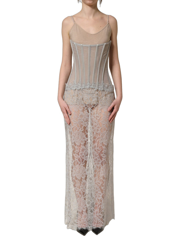 Dolce & Gabbana Gray Lace Corset Style Bodice Maxi Dress