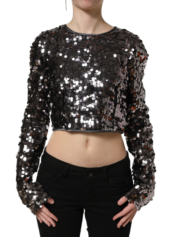 Dolce & Gabbana Black Sequined Long Sleeves Crop Blouse Top