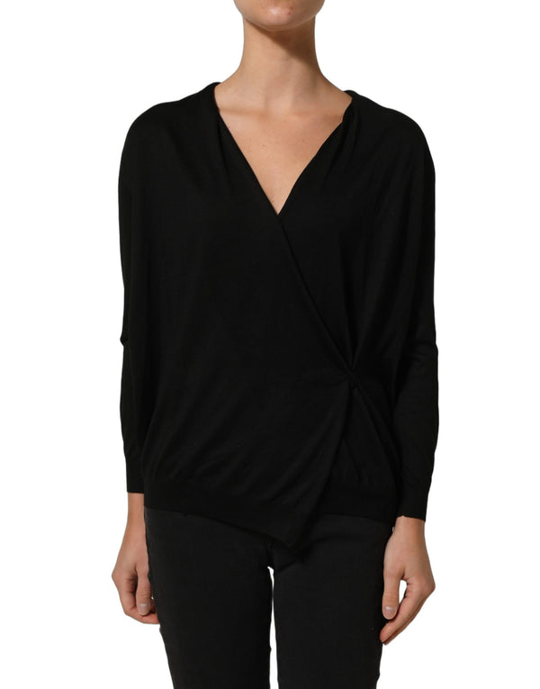 Dolce & Gabbana Black Silk Long Sleeves Draped Blouse Top