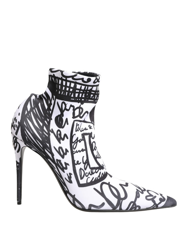 Dolce & Gabbana White Graffiti Stretch Ankle Boots Shoes