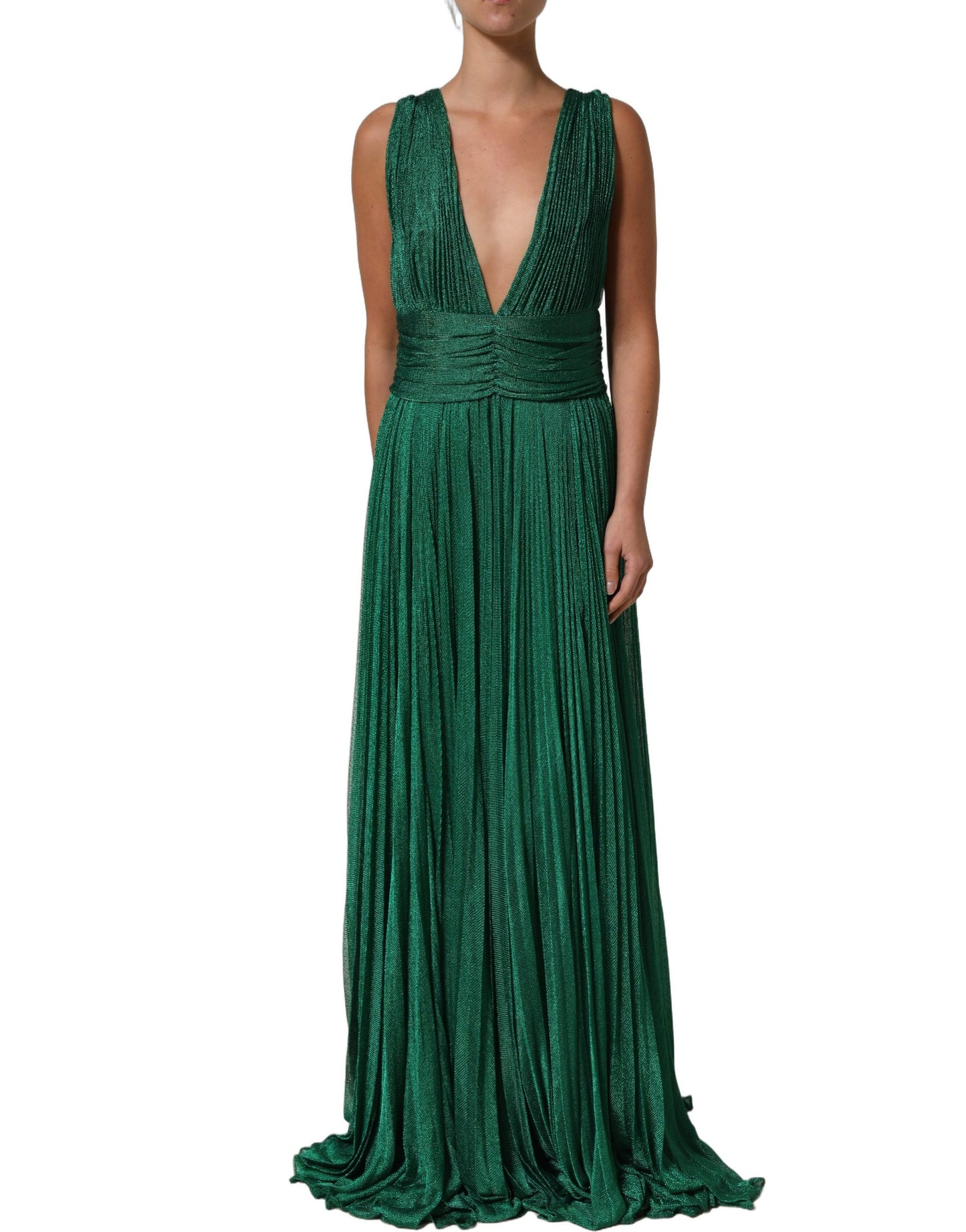 Dolce & Gabbana Metallic Green Sleeveless Plissé Gown Dress