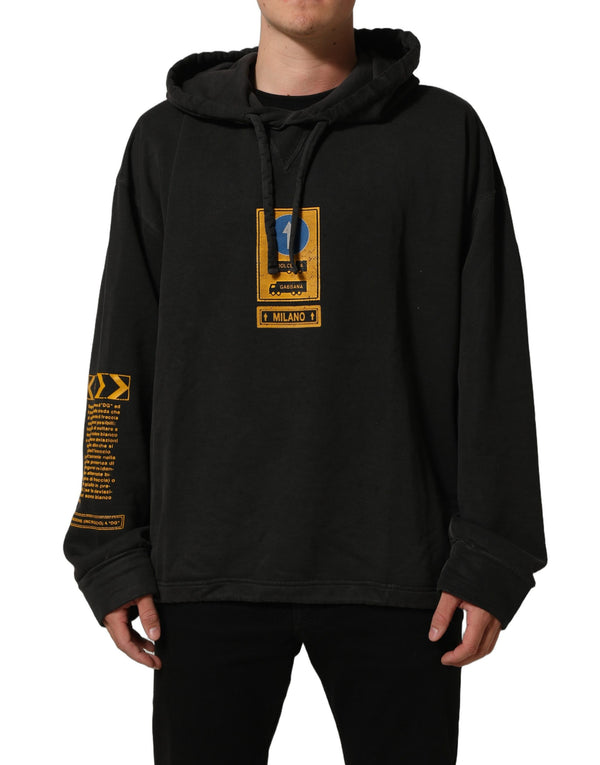 Dolce & Gabbana Black Cotton Logo Hooded Oversize Sweater