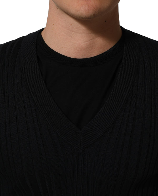 Dolce & Gabbana Black Silk Blend V-neck Pullover Men Sweater