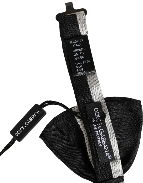 Dolce & Gabbana Black Silver 100% Silk Adjustable Neck Papillon Bow Tie